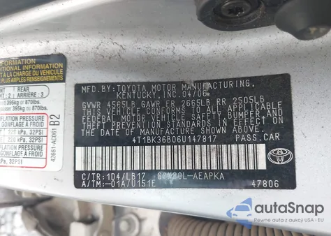 2006 Toyota Avalon Limited from USA, damaged, VIN 4T1BK36B06U147817